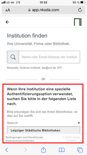 Bildschirmfoto der Seite "Institution finden" mit einer roten Markierung um die Login-Methode "spezielle Authentifizierungsoption".