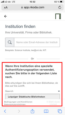 Bildschirmfoto der Seite "Institution finden" mit einer roten Markierung um die Login-Methode "spezielle Authentifizierungsoption".