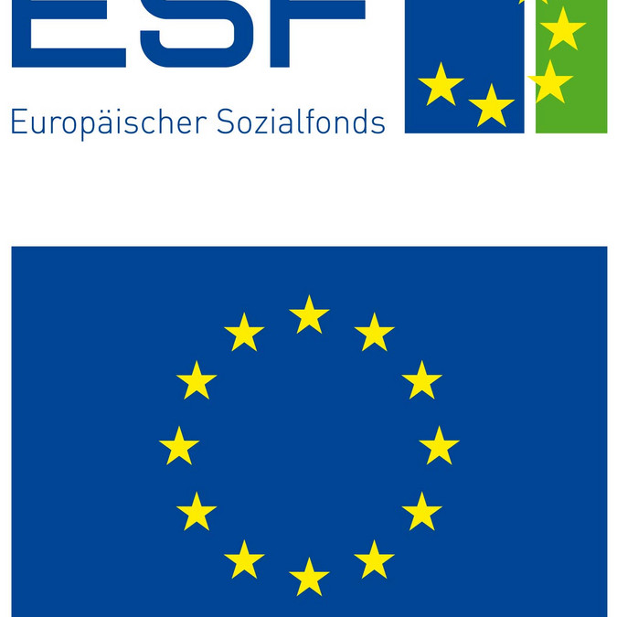 Logo mit Schriftzug "Europäischer Sozialfond ESF. Europa fördert Sachsen" und der EU-Flagge