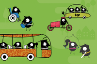 Grafik mit schemenhaften Figuren auf Fahrrad, im Bus, auf der Straße spielende Kinder