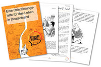Titelblatt und Seiten aus den Refugee Guides. Das sind gedruckte Orientierungshilfen für Geflüchtete