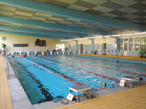 Einzelne Schwimmer ziehen ihre Bahnen im Schwimmbecken der Schwimmhalle West.