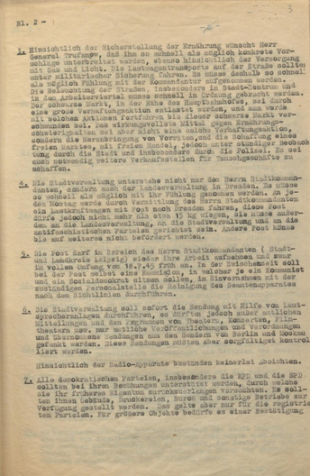 Aktenseite in Maschinenschrift Zusammenarbeit mit sowjetischen Militärkommandanten der Stadt Leipzig