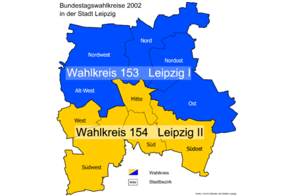 Karte mit den Bundestagswahlkreise 2002 in der Stadt Leipzig.