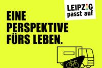 Motiv Verkehrskampagne: Grafik mit einem LKW und einem Fahrrad im toten Winkel.