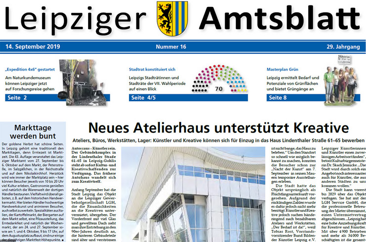Titelseite des Leipziger Amtsblattes vom 14. September 2019 zeigt die wie mehrere Bürgermeister das Band bei der Eröffnung des neuen Kulturzentrums durchschneiden