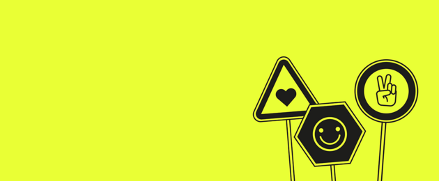 Gezeichnete Straßenschilder mit Herz, Smile-Gesicht und Peace-Zeichen auf gelben Hintergrund für mehr Rücksicht im Straßenverkehr.