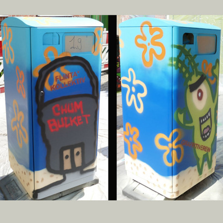 Abfallbehälter mit Graffiti-Motiv, Plankton und Chum Bucklet