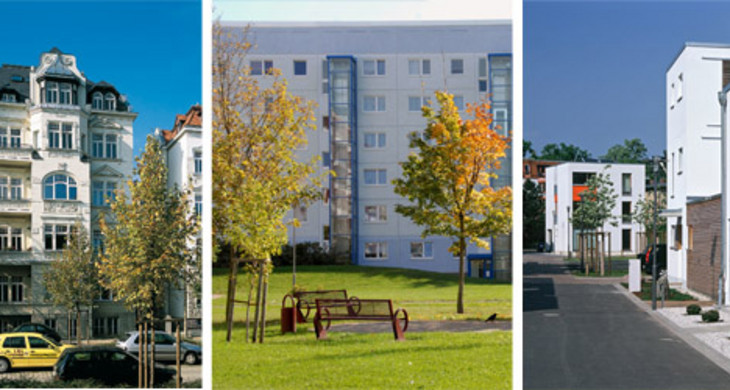Von links nach rechts: Gründerzeitliches Quartier, Großwohnsiedlung Grünau, Stadthäuser in der Stallbaumstraße