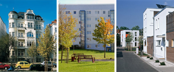 Von links nach rechts: Gründerzeitliches Quartier, Großwohnsiedlung Grünau, Stadthäuser in der Stallbaumstraße