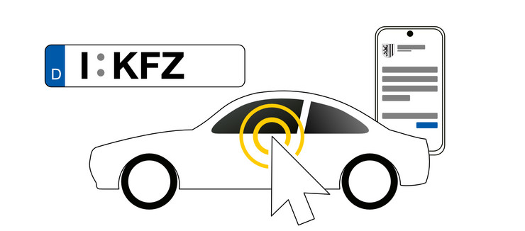 Die Umrisse eines sportlichen Autos, auf den ein Computermauszeiger klickt. Dahinter ist stilisiert ein Smartphone und daneben ein Nummernschild dargestellt.