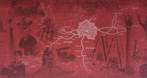Wandbild im Forschungssaal des Stadtarchivs mit vielen historischen Ansichten, einem mittelalterlichen Stadtgrundriss mit der Anbindung an die Handelsstraßen Via Regia und Via Imperii