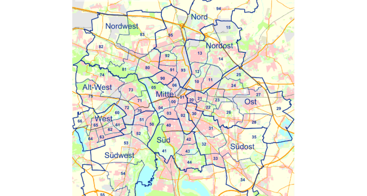Karte der Stadt Leipzig mit eingezeichneten Grenzen der Stadtbezirke und Ortsteile