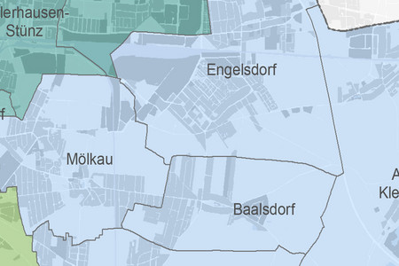 Auf einer Karte werden die Ortsteil Mölkau, Engelsdorf und Baalsdorf gezeigt