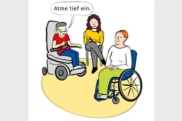 Grafische Darstellung eines Mannes und einer Frau mit körperlicher Behinderung, die im Rollstuhl sitzen und sich von einer Frau zur Sexualität beraten lassen. In einer Sprechblase über dem Kopf des Mannes steht der Satz Atme tief ein.
