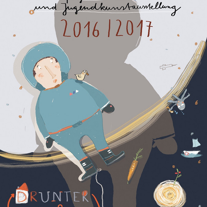 Plakat zur Kinder- und Jugendkunstausstellung mit dem Sonderthema "Drunter und Drüber"