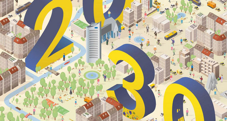 Titelbild der Broschüre Integriertes Stadtenwicklungskonzept Leipzig 2030 mit einer farbigen Grafik und den im Bild verteilten Zahlen 20 und 30
