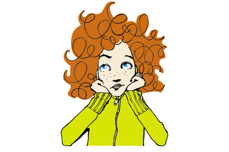 Logo Kinder- und Jugendschutz: gezeichnetes rothariges Mädchen, welches den Kopf auf die Arme aufstützt