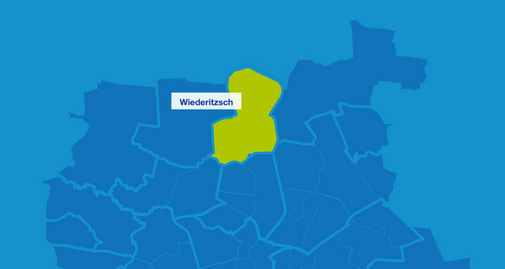 Karte mit den Umrissen der Ortsteile im Leipziger Norden. Wiederitzsch ist hervorgehoben.