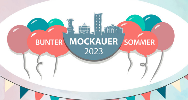 Bunte schwebende Ballons und ein Halbkreis mit Stadt-Silhouette. Schriftzug Bunter Mockauer Sommer 2023.