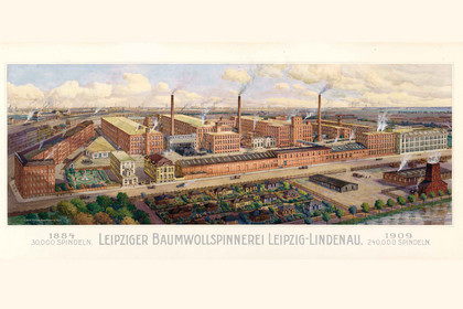 Historische Postkarte mit der Ansicht der Leipziger Baumwollspinnerei mit verschiedenen Fabrikgebäuden