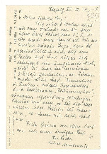 Handgeschriebener Text auf einer Postkarte von Annemarie Zeigner an ihren Mann Erich Zeigner