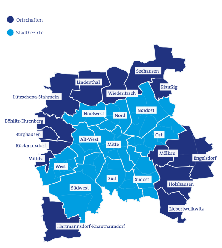 Karte, auf der die Ortsteile mit den Gebieten der Ortschaftsräte und Stadtbezirksbeiräte markiert sind.