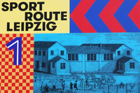 Schrift "Sportroute Leipzig" 1 und eine historische Grafik einer Turnhalle