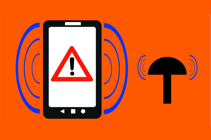 Links im Bild ein Smartphone mit Warnschild "Achtung" auf dem Display, umgeben von angedeuteten Schallwellen. Recht im Bild eine stilisierte Sirene, umgeben von angedeuteten Schallwellen. Die Hintergrund ist orange.