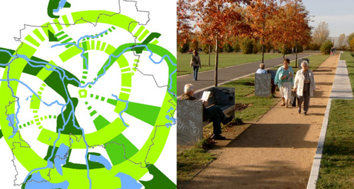 Kartenaussschnitt aus dem Grünradialplan und ein Bild von einem Park mit Spaziergängern