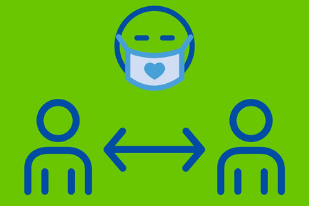 Icon mit Mundschutz und zwei Personen mit Abstandspfeil dazwischen