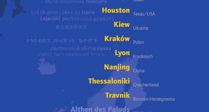 Grafik mit einer vereinfachten Karte eines Teils Europas und den Namen der Leipziger Partnerstädte