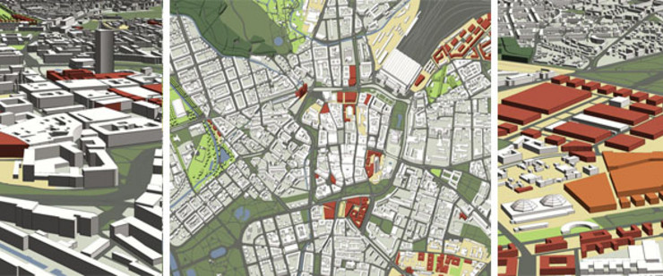 Planausschnitte aus dem Planwerk Stadtraum. Zu sehen sind 3-D-Stadtmodelle und Kartenausschnitte
