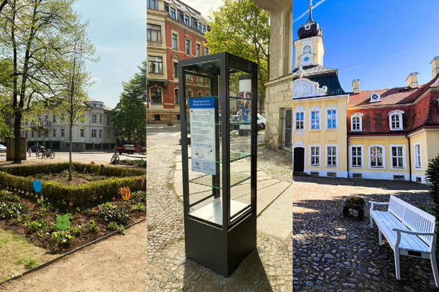 Collage aus drei Bildern: ein frisch gepflanztes Beet auf einem Stadtplatz, ein Schrank mit Glasscheiben auf einem Gehweg, eine weiße Bank vor dem Gohliser Schlösschen.