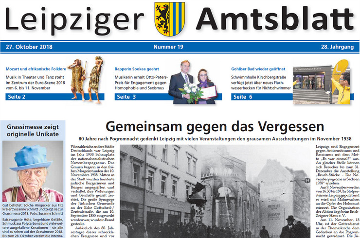 Titelseite des Leipziger Amtsblattes vom 27. Oktober 2018 zeigt ein Schwarz-weiß-Bild von der Pogromnacht 1938, auf dem man sieht, wie versucht wird die Leipziger Synagoge zu lösen