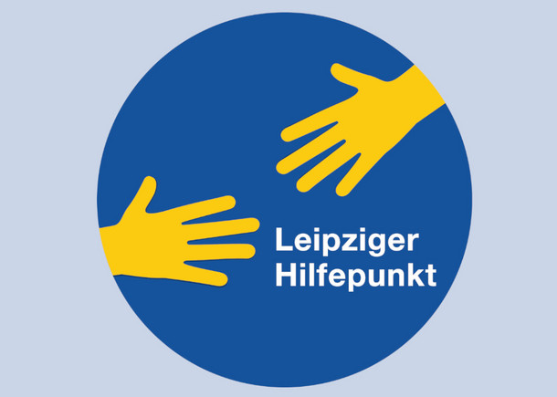 Logo Leipziger Hilfepunkt mit zwei Händen, die auf dem Weg sind sich zu greifen.