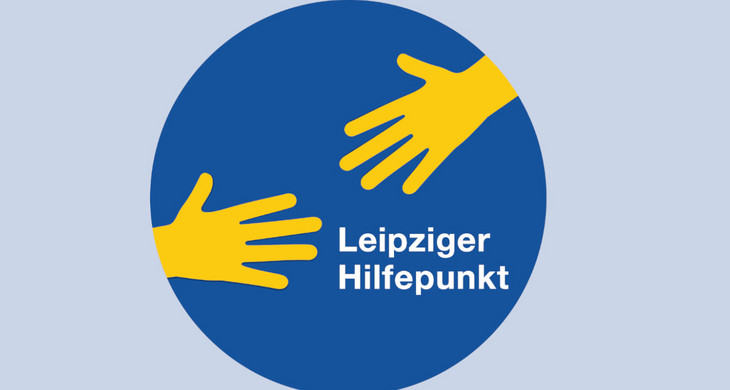 Logo Leipziger Hilfepunkt mit zwei Händen, die auf dem Weg sind sich zu greifen.