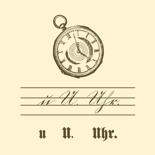 Übungstafel einer deutschen Fibel von 1886 mit Motiv Uhr, sowie kleinem und großem Buchstaben "U" in Schreib- und Druckschrift.