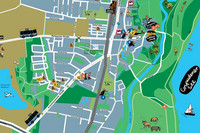 Ausschnitt eines farbenfroh und bildreich illustrierten Stadtplans