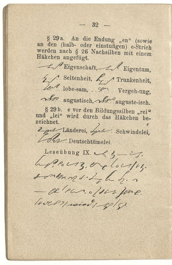 Eine Seite mit Lehrbeispielen aus dem Buch "Vollständiger Lehrgang der vereinfachten deutschen Stenographie"