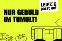 Motiv Verkehrskampagne: Nur Geduld im Tumult mit Straßenbahn, Fahrrad und Auto