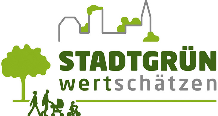 Logo für das Projekt Stadtgrün wertschätzen mit einer Stadtsilhouette und einer Familie, die spazieren geht.