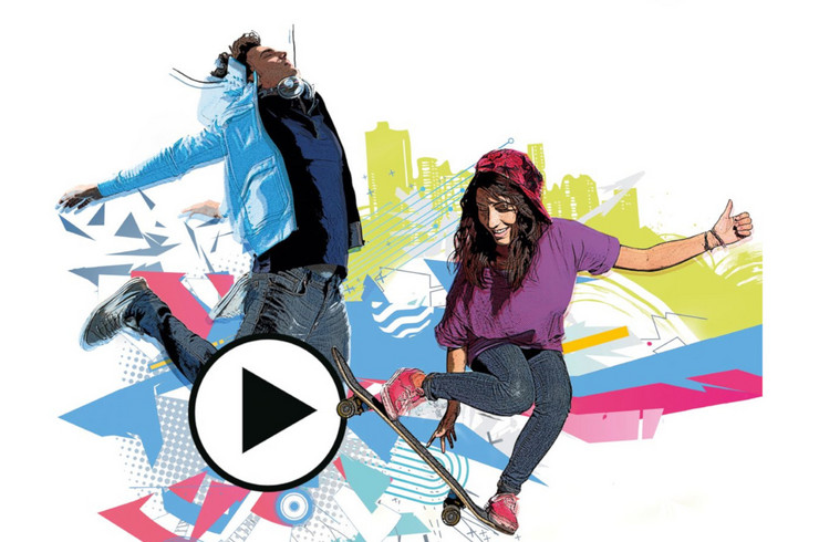 Zeichnung eines Jungen, der in die Luft springt, und eines Mädchens, das auf einem Skateboard einen Sprung vollführt. Daneben der Schriftzug in GRoßbuchstaben "Jugendfilmtage Nikotin und Alkohol - Alltagsdrogen im Visier"
