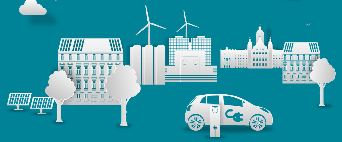 Grafik auf türkisen Hintergrund mit grauen Symbolen von einem E-Auto, Windrädern, Solaranlagen.