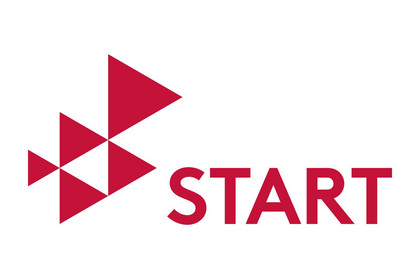 Logo des Schülerstipendiums START bestehend aus einem roten Schriftzug mit dem Wort Start. Links davon sieht man fünf unterschiedlich große, rote Dreiecke, die sich an ihren Ecken berühren.