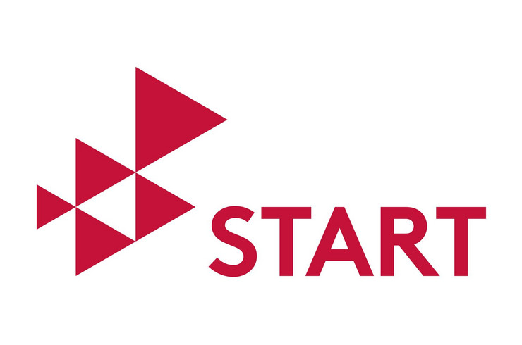 Logo des Schülerstipendiums START bestehend aus einem roten Schriftzug mit dem Wort Start. Links davon sieht man fünf unterschiedlich große, rote Dreiecke, die sich an ihren Ecken berühren.