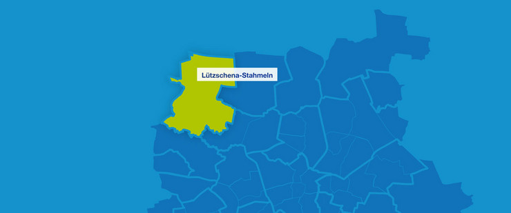 Karte mit den Umrissen Leipziger Ortsteile im Nordwesten. Lützschena-Stahmeln ist hervorgehoben.
