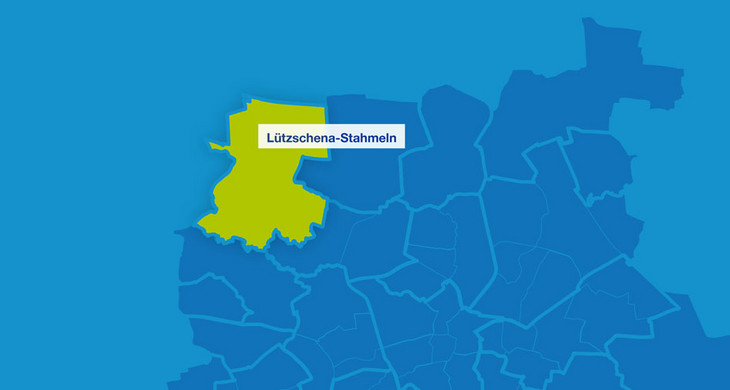 Karte mit den Umrissen Leipziger Ortsteile im Nordwesten. Lützschena-Stahmeln ist hervorgehoben.