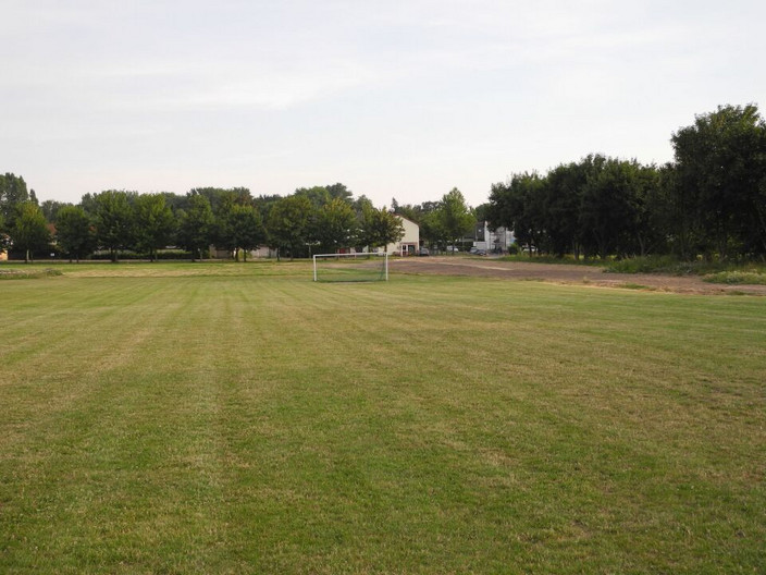 Rasen-Sportplatz mit einem Fußballtor weiter hinten