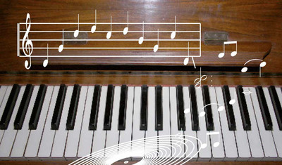 Bildausschnitt eines offenen Klaviers mit Tasten, darüber Noten als weiße Grafik